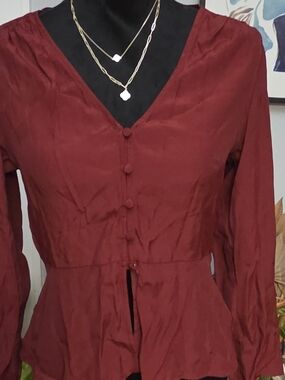 a new day Deep Wine V-Neck Button Peplum Blouse